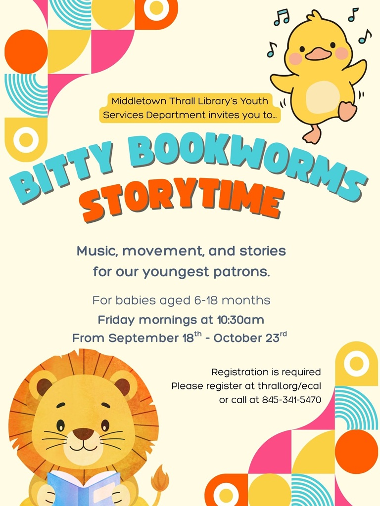Bitty Bookworms Storytime. Dancing duck on upper right and a lion reading a book on the bottom left.