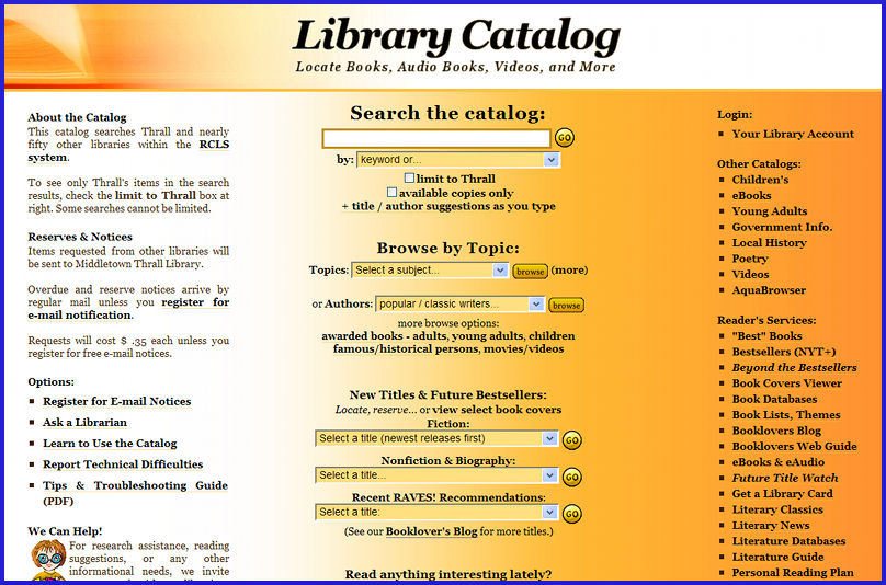 [Thrall's Library Catalog Entrance Page]